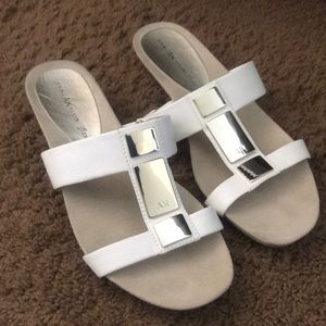 Anne Klein open toed shoes. Gold,cream, white.